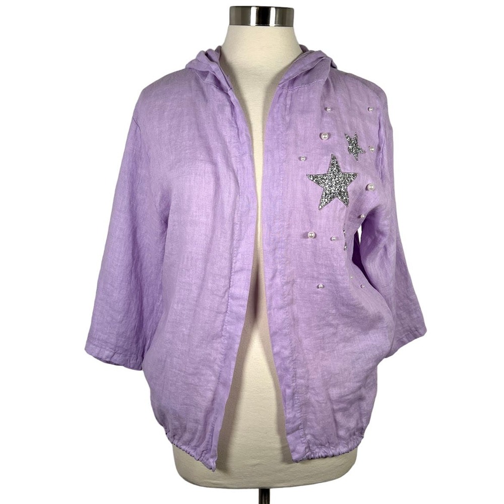 Women's Italian 100% Linen Hooded Jacket M/L Purple Crochet Lace Embellished